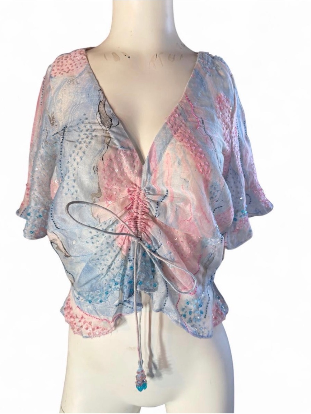 La Fuori pink & blue beaded detail front cinch blouse